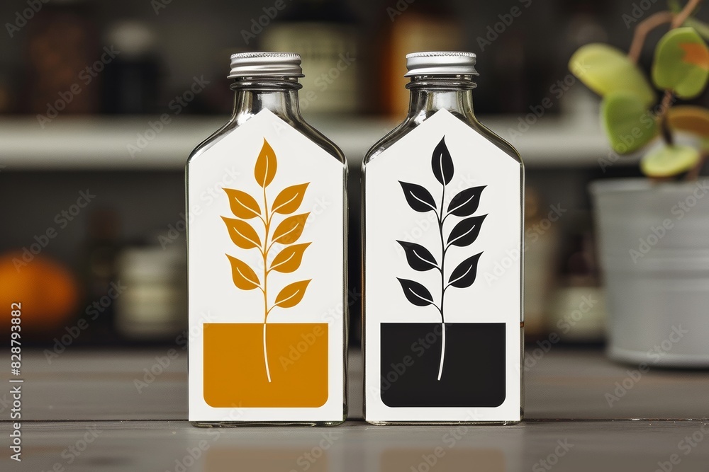 Poster whimsical vector illustration of potion bottles with wheat elements on a wooden table, emphasizing a