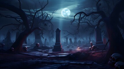 Obraz premium Scary graveyard with tombstones under a full moon. Generative AI.
