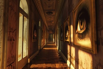 Eerie Mansion Corridor with Enigmatic Eye Paintings in a Vintage Setting - Perfect for Halloween, Horror, and Thriller Designs