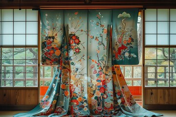 A kimono with a floral pattern is displayed in a traditional Japanese room.
