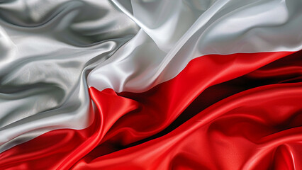 Silk fabric background waving vibrant  white red Poland flag colors, symbol national pride, Polish...