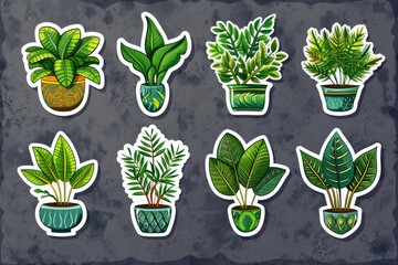 Detailed vector illustration of potted plants on a dark background, emphasizing botanical and nature themes with vibrant colors