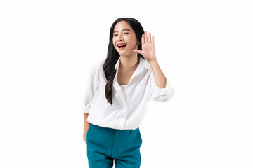 Beautiful Asian woman shouting and hands over mouth on white background studio.