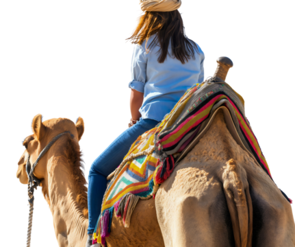 Rear back view of woman riding on a camel, isolated on transparent background. Saudi Arabia adventure, Middle East culture transport, tourism travel journey