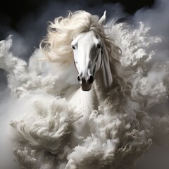 A beautiful white horse runs in white smoke. White horse poster. Vape smoke, cigarette smoke, smoking, hookah. Speed ​​and running. Horse illustration art painting. Year of the Horse.