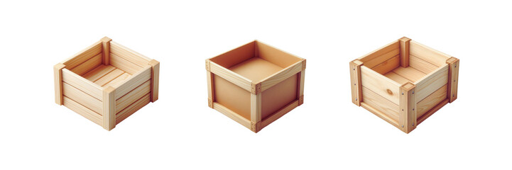 Set of Empty wooden cardboard box, isolated over on transparent white background
