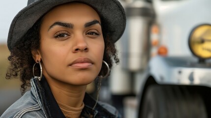 Serious and Androgynous Mixed Race Woman in Hat Outdoors with Truck in Background