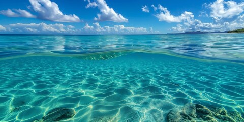 Crystal clear waters of a tropical sea reveal a beautiful sandy bottom, evoking feelings of calm...