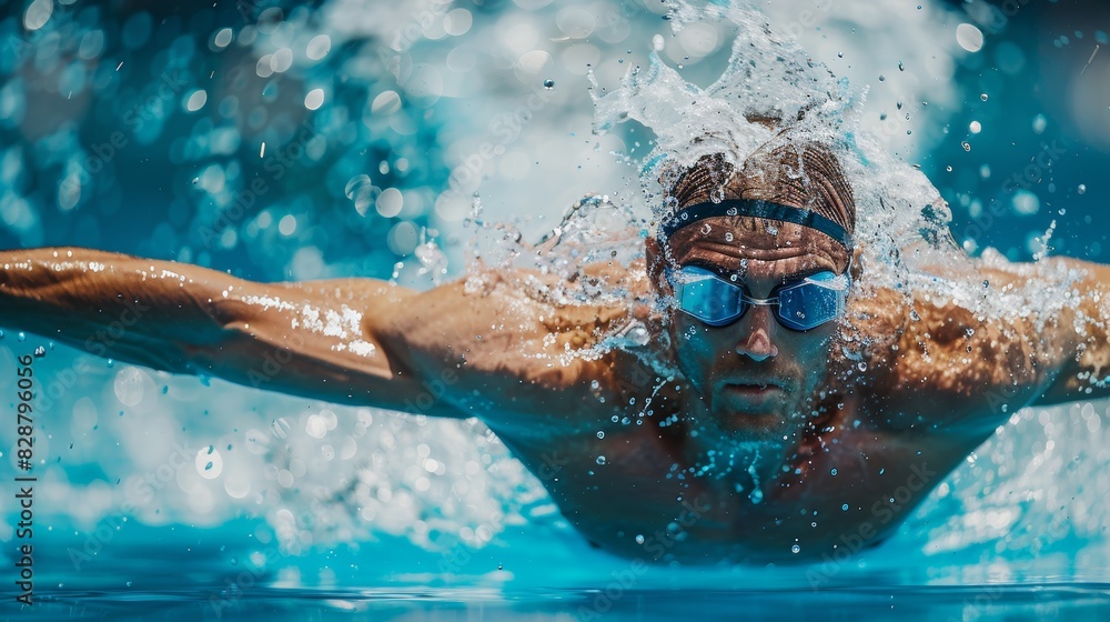 Poster olympic swimmer powerfully executing butterfly stroke in splashing water | strength and technique in