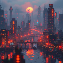 Obraz premium Megacity at dusk in voxel art style