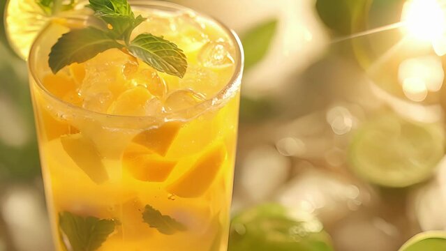Image 16 A refreshing glass of tropical iced tea made with a combination of black tea mango passion fruit and ginger served with a sprig of mint and a slice of lime.