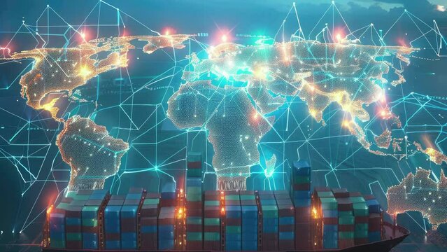 A large ship is floating in the ocean with a globe in the background. The globe is surrounded by a network of lines, which gives the impression of a futuristic world. Scene is one of wonder and awe