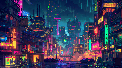Pixel art of a high-energy cyberpunk city at night with vibrant neon colors