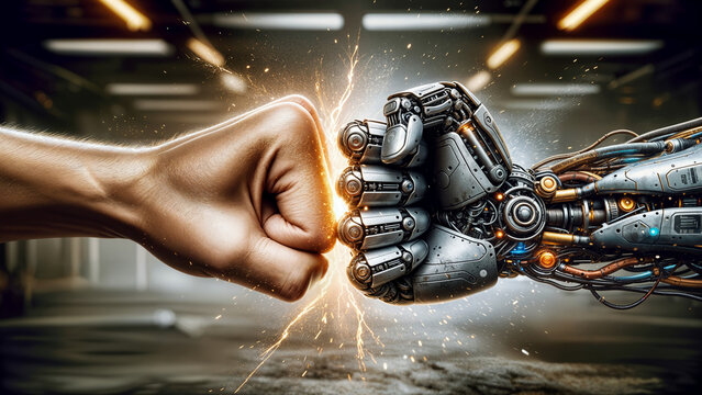 Human vs AI. Human fist clashing with robotic hand, symbolizing tension between humanity and technology in futuristic industrial setting with powerful spark effects