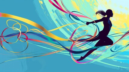 Dynamic Gymnastics Banner with Vibrant Ribbons and Olympic Rings for Inspirational Sports Design