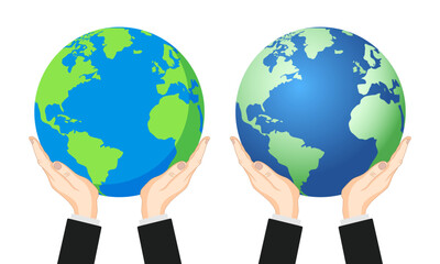 Two hands holding the Earth, Globe 2D and 3D vector illustration