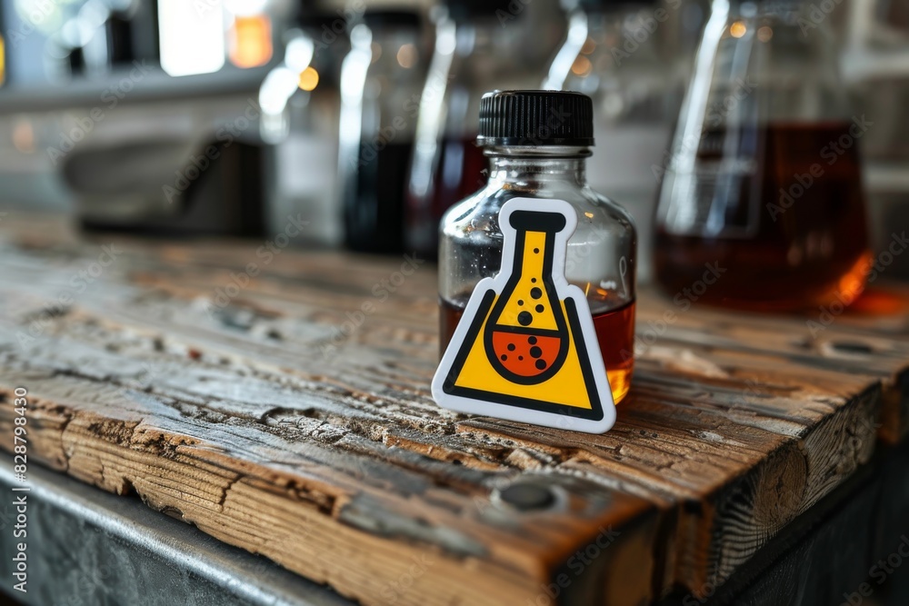 Wall mural Rustic glass potion bottle on a wooden surface, invoking the charm of old world alchemy and science