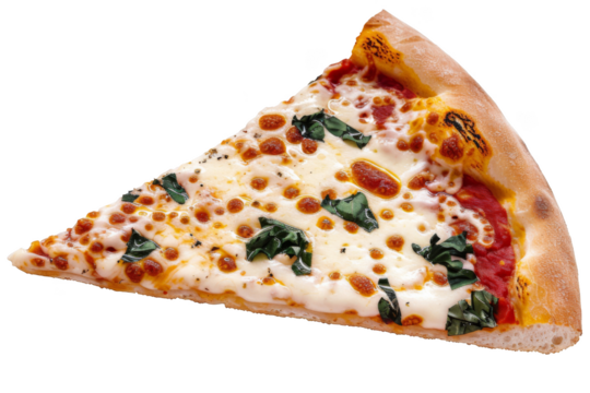 Pizza slice, isolated on solid white background, PNG di-cut style, realistic photo style, object as model