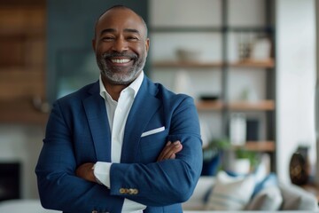 Happy black man with arms crossed or corporate inspiration profile photo. CEO introduction, smile, confident or mature management, success mindset