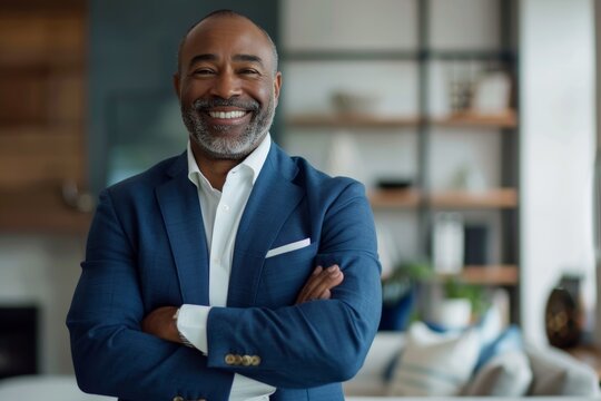 Happy black man with arms crossed or corporate inspiration profile photo. CEO introduction, smile, confident or mature management, success mindset
