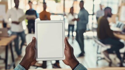 Business man hands, tablet mockup and planning in office meeting for marketing ideas, advertising strategy and website media. Digital screen space, internet, and app reading closeup
