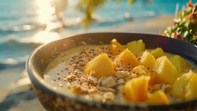 A refreshing smoothie bowl with a tangy twist featuring gfruit chunks and pineapple tidbits enjoyed on a picturesque beachfront.