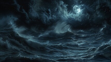 Stormy Ocean at Night with Massive Moonlit Waves Crashing Amidst Rainy Turmoil - Symbolizing Nightmares and Inner Turmoil