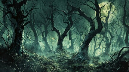 Eerie Night in a Haunted Forest with Twisted Trees Under a Full Moon - Perfect for Halloween Themes and Backgrounds