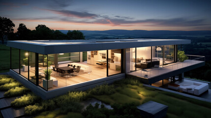 Fototapeta premium A sleek, minimalist eco-home with large glass walls, a rooftop garden, and a seamless integration with the surrounding landscape of rolling hills and meadows, architecture for green areas.