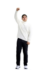 Fototapeta premium A man, full-length, on a white background, raised his hand up