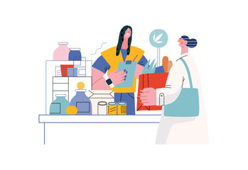Mutual Support: Bringing groceries to food bank -modern flat vector concept illustration of people donating food to food pantry A metaphor of voluntary, collaborative exchanges of resource, services