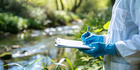 Clipboard, nature and agricultural scientific research, sustainability and plant climate change scorecard. Growing sustainably and a scientist or doctor writes notes