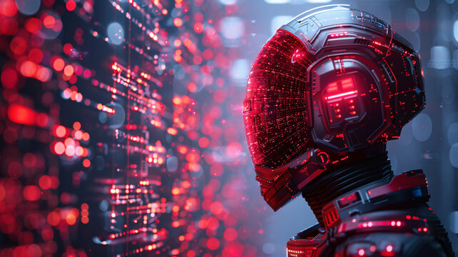 Cyborg in cyberspace with binary code,  futuristic Artificial intelligence concept