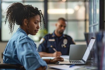 At precinct, police, investigation, and papers for report or case work. Police, security, arrest, or criminal with evidence filling out paperwork