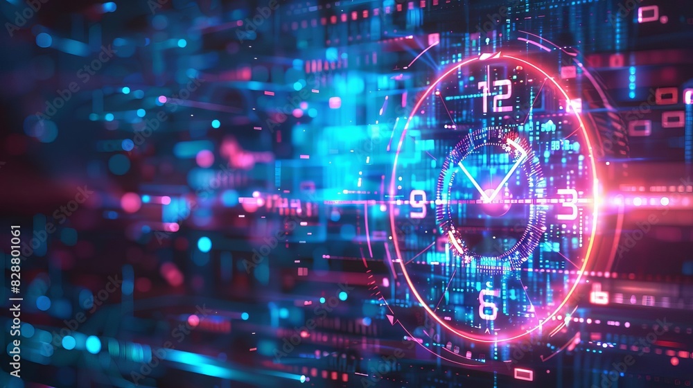 Poster abstract concept of time management with digital clock and data visualization digital illustration