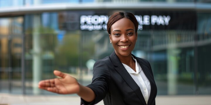 Woman with handshake offer and job interview in HR meeting, welcome or thank you. HR professional shaking hands during hiring, introduction, or recruitment on banner mockup.