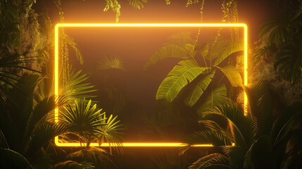 A golden glowing frame, surrounded by jungle foliage, against a dark background