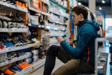 Sporting Goods Store Salesperson Demonstrating Advanced Orthotic Insoles for Leg Pain Prevention in Sports
