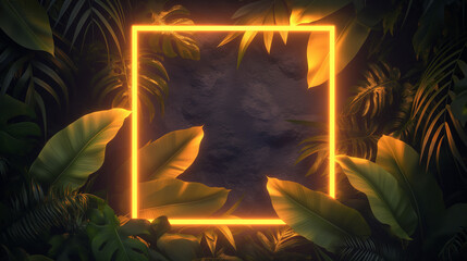 A yellow glowing frame, on a black background with jungle foliage. It features vibrant orange lighting and is made up of a combination of geometric shapes