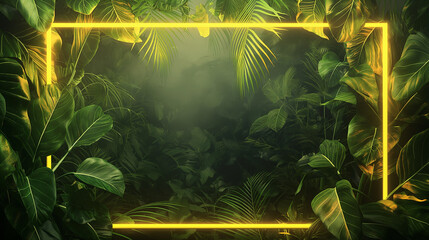A yellow neon frame rectangle art, surrounded by jungle foliage, against a dark background