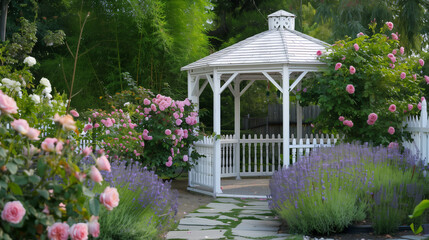 Obraz premium White Wooden Gazebo in Garden with Roses and Lavender 