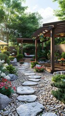 The stone slab path and wooden pavilion in the outdoor