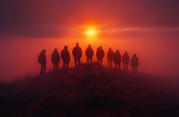 Fototapeta premium silhouettes of group of friends standing on a hill in the middle of the sunrise