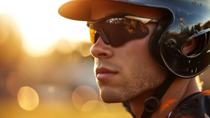 Close-up of a baseball player wearing helmet and sunglasses at sunset. Sports portrait photography. Baseball and athletics concept for poster and print