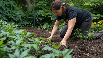 Woman gardening. Vegetable garden at summer. Outdoors. Person plant seeds in soil