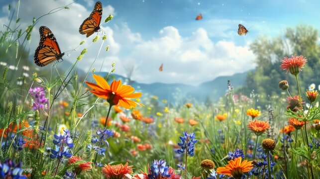 Blooming Meadow: colorful wildflowers, butterflies, and bees busily pollinating. Highlight the richness and diversity of life in a natural setting.