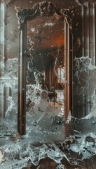 Haunted Victorian Mirror Reflecting Distorted Room with Melting and Twisted Furniture - Spooky Halloween Decor