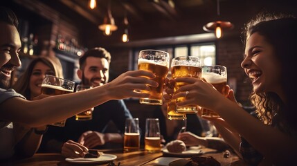 Close up of group of friends toasting with beer in a bar. Generative AI.