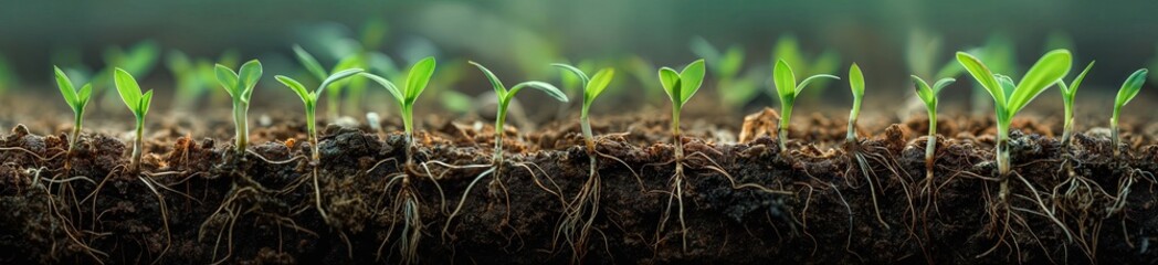 Fototapeta premium A panoramic view of Oats sprouts growing in the soil, with roots visible and green leaves showing signs of life. The background is blurred to emphasize the foreground.
