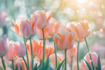 Closeup of pink tulips in soft sunlight for floral design.